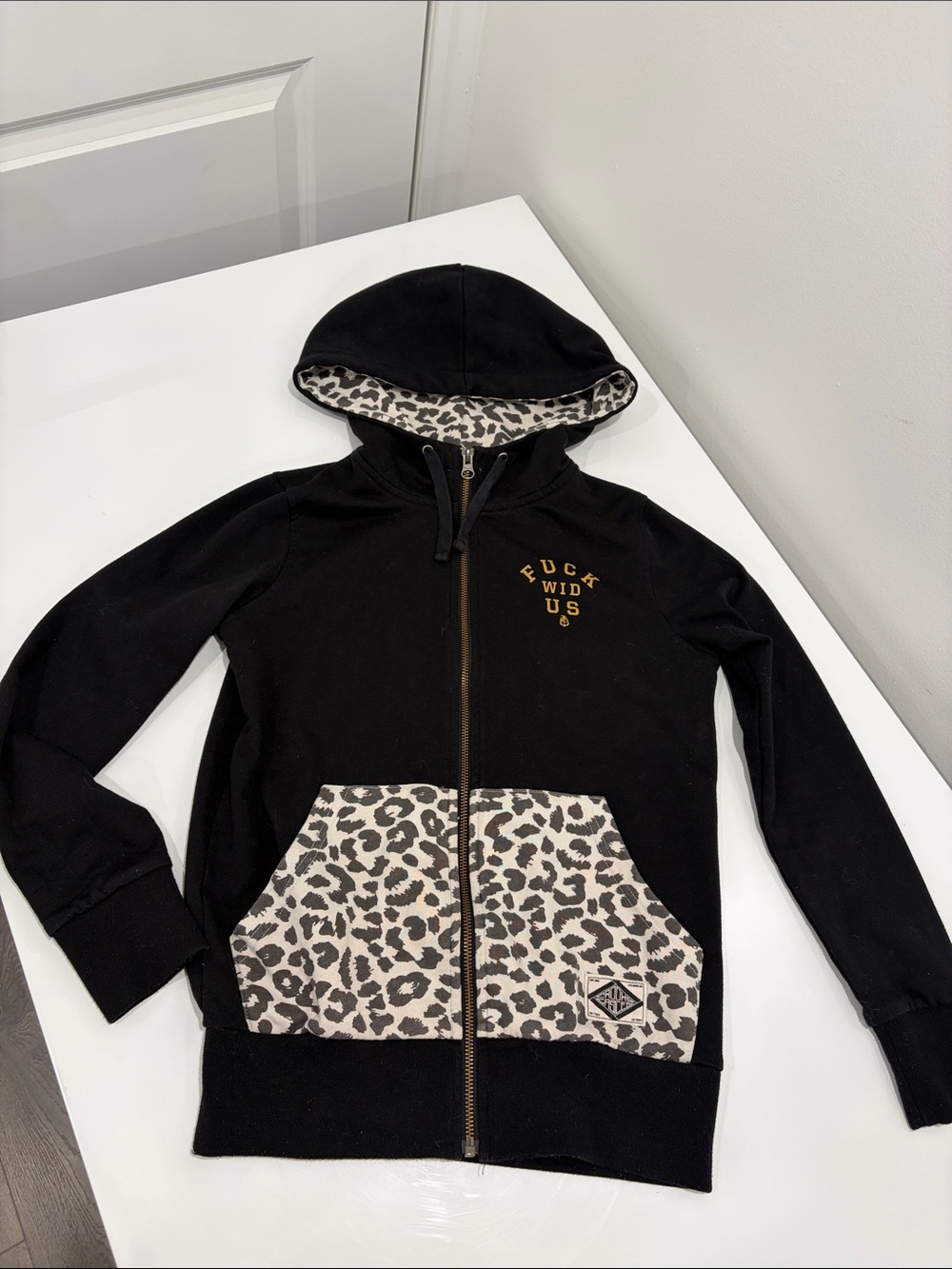 Crooks & Castles Black Zip Hoodie with Leopard Trim